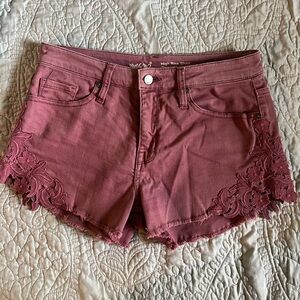 Pink High Waist Shorts with Frayed Hem & Lace